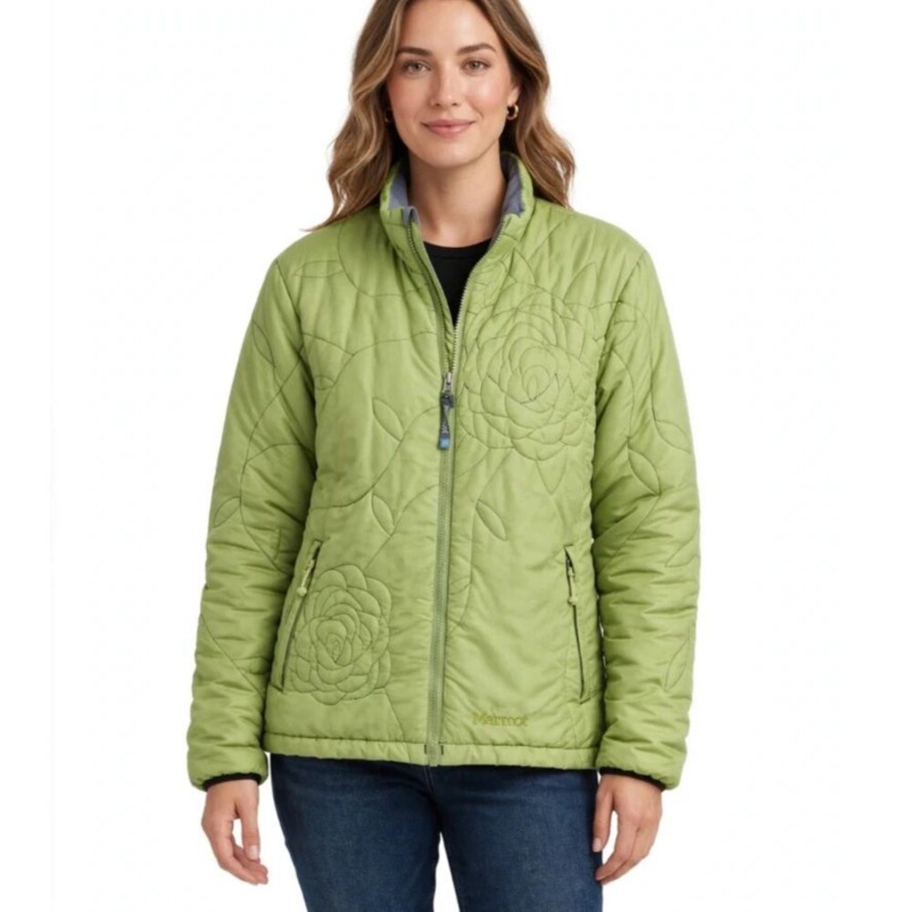 Marmot Womens Quilted Puffer Jacket Lime Green Floral Full Zip Pockets Size L